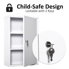 Wall Mount Medicine Cabinet 3 Tier Steel Emergency Box for Bathroom, Lockable with 2 Keys, White