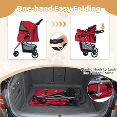 One-Click Folding Pet Stroller Lightweight Cat Strolling Cart with Adjustable Canopy-Red