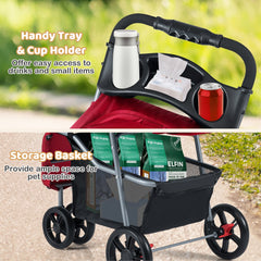 One-Click Folding Pet Stroller Lightweight Cat Strolling Cart with Adjustable Canopy-Red