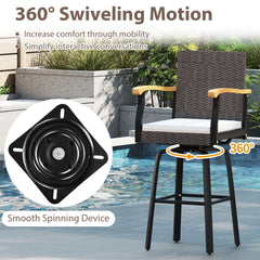 One Outdoor 360° Swivel Bar Stool with Cushion and Acacia Wood Armrests