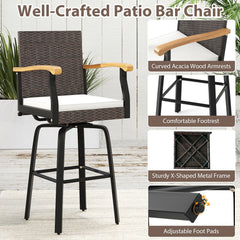 One Outdoor 360° Swivel Bar Stool with Cushion and Acacia Wood Armrests