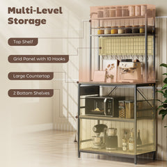 Kitchen Baker's Rack with Power Outlet and LED Light, 5-Tier Coffee Bar Station with 10 Hooks, Grey