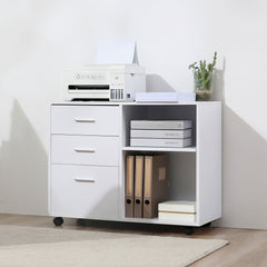 Modern Lateral Filing Cabinet, 3 Drawer File Cabinet for Letter and A4 Size Documents, Mobile, Printer Stand with Open Shelves, Rolling Wheels, Black