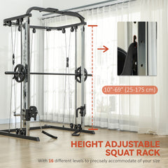 3 In 1 Smith Machine Power Rack with Cable Crossover System, Pull up Station, 16-Level Squat Rack and Barbell Bar