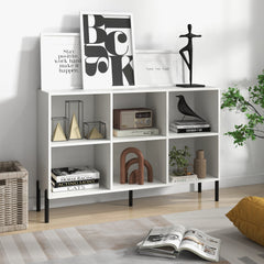 White Open Back Bookshelf with 6 Cubes, 47 Inch Wide Low Bookcase on Metal Legs