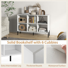 White Open Back Bookshelf with 6 Cubes, 47 Inch Wide Low Bookcase on Metal Legs