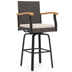 Outdoor 360° Swivel Bar Stool with Cushion and Acacia Wood Armrests-F-Brown