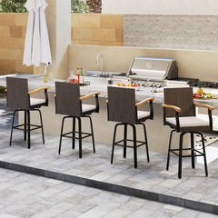 Outdoor 360° Swivel Bar Stool with Cushion and Acacia Wood Armrests-F-Brown