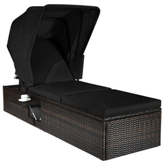 Rattan Chaise Lounge with Folding Canopy, Cup Table and 5 Position Backrest, Black