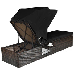 Rattan Chaise Lounge with Folding Canopy, Cup Table and 5 Position Backrest, Black