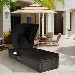 Rattan Chaise Lounge with Folding Canopy, Cup Table and 5 Position Backrest, Black