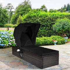 Rattan Chaise Lounge with Folding Canopy, Cup Table and 5 Position Backrest, Black