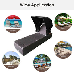 Rattan Chaise Lounge with Folding Canopy, Cup Table and 5 Position Backrest, Black