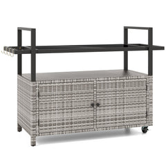 Outdoor Bar Cart Wicker Buffet Serving Cart with Cabinet and 8 Hooks-Gray