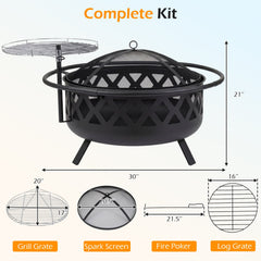 Outdoor Black Fire Pit with Adjustable and Rotatable Grill Grate Breathable Mesh & Outer Ring for BBQ-30 Inches