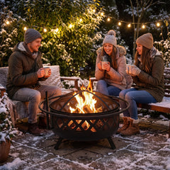 Outdoor Black Fire Pit with Adjustable and Rotatable Grill Grate Breathable Mesh & Outer Ring for BBQ-36 Inches