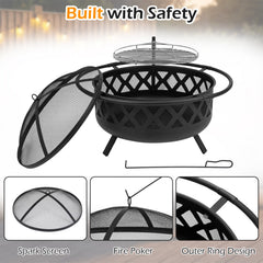 Outdoor Black Fire Pit with Adjustable and Rotatable Grill Grate Breathable Mesh & Outer Ring for BBQ-36 Inches