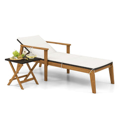 Acacia Framed Rattan Chaise Lounge with Full Length Cushion and Armrests