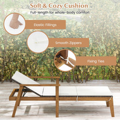 Acacia Framed Rattan Chaise Lounge with Full Length Cushion and Armrests