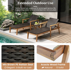 Acacia Framed Rattan Chaise Lounge with Full Length Cushion and Armrests