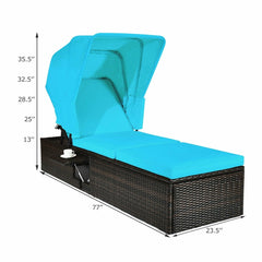 Rattan Chaise Lounge with Folding Canopy and Cup Table, 360 lb, Turquoise