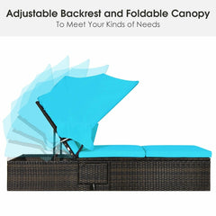 Rattan Chaise Lounge with Folding Canopy and Cup Table, 360 lb, Turquoise