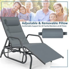 Outdoor Glider Chaise Lounge with Armrests and Adjustable Pillow, Gray