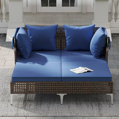 Outdoor Wicker Daybed for Two with Gas Strut Canopy and Fixing Ties, Navy