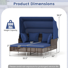 Outdoor Wicker Daybed for Two with Gas Strut Canopy and Fixing Ties, Navy