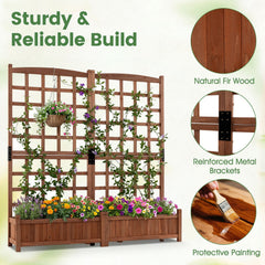 Outdoor Dual Wooden Raised Garden Bed with Trellis and Drainage Holes-Rustic Brown