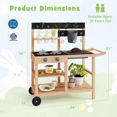 Outdoor Fir Wood Play Kitchen with Blackboard and Planting Pots-Natural