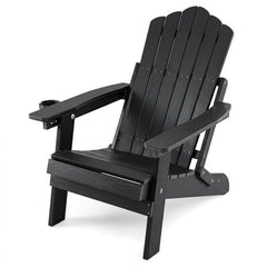 Outdoor Folding Adirondack Chair with Cup Holder and 5-Level Backrest-Black