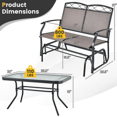 2 Piece Patio Glider Loveseat Set with Glass Top Coffee Table, Brown and Black