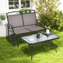 2 Piece Patio Glider Loveseat Set with Glass Top Coffee Table, Brown and Black