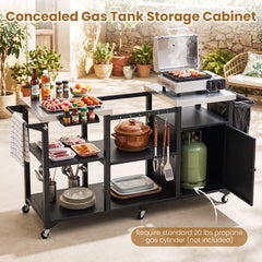 Outdoor Grill Cart with Cabinet Stainless Steel Tabletop and Hooks-Black