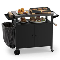 Outdoor Grill Cart with Stainless Steel Top & 2-Door Cabinet for BBQ Camping-Black