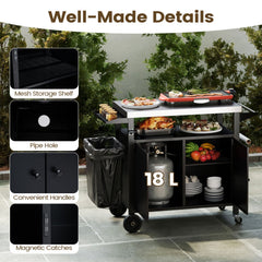 Outdoor Grill Cart with Stainless Steel Top & 2-Door Cabinet for BBQ Camping-Black