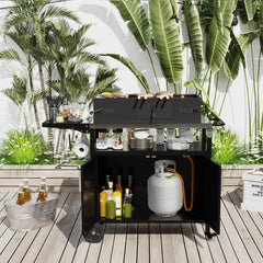 Outdoor Grill Cart with Storage and Folding Stainless Steel Top-Black