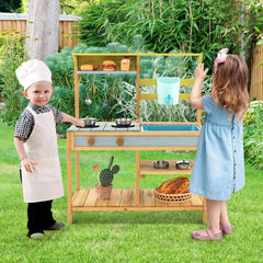 Outdoor Mud Kitchen for Kids with Running Tap, Water Box and Removable Sink