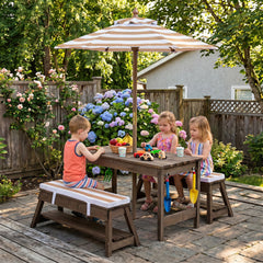 Outdoor Kids Wooden Picnic Table and Benches Set with Umbrella-Brown