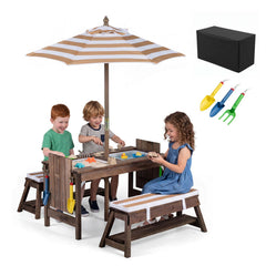 Outdoor Kids Wooden Picnic Table and Benches Set with Umbrella-Brown