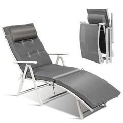 Folding Chaise Lounge with Removable Cushion and Pillow, 7 Positions, Gray