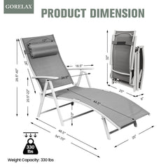 Folding Chaise Lounge with Removable Cushion and Pillow, 7 Positions, Gray