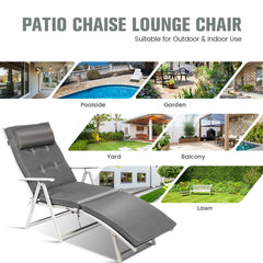 Folding Chaise Lounge with Removable Cushion and Pillow, 7 Positions, Gray