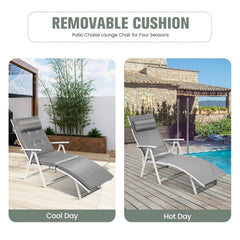 Folding Chaise Lounge with Removable Cushion and Pillow, 7 Positions, Gray