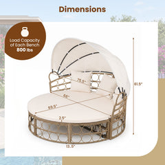 Round Outdoor Daybed with Retractable Canopy and Sectional Benches, Off White