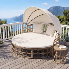 Round Outdoor Daybed with Retractable Canopy and Sectional Benches, Off White