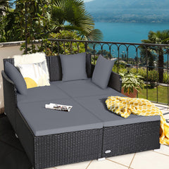 Spacious Rattan Daybed with Upholstered Cushions and Pillows, Gray