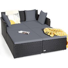 Spacious Rattan Daybed with Upholstered Cushions and Pillows, Gray