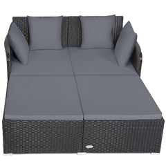 Spacious Rattan Daybed with Upholstered Cushions and Pillows, Gray